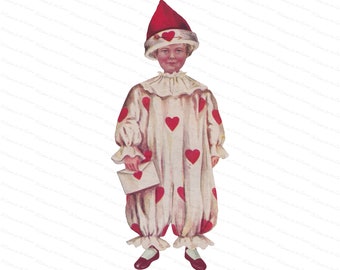 Vintage Edwardian Boy in Valentine Clown Suit Holding Envelope / Antique Romantic Love Vector Clipart Valentine's Day PNG JPG SVG