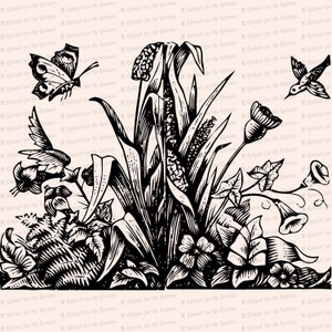 Victorian Flowers with Butterfly and Hummingbird Vector Clipart Vintage Floral, Insect, Bird Clip Art Instant Download SVG PNG JPG image 1