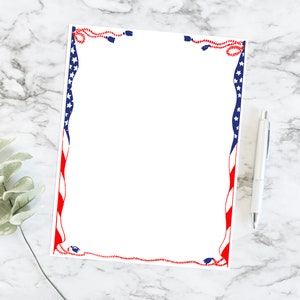 May include: A white sheet of paper with a red, white, and blue border. The border is made up of a rope with tassels and a wavy line that resembles an American flag.