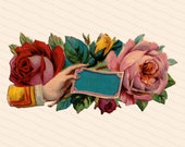 Victorian Die Cut Hand Holding Blank Card with Roses Shabby Chic Vector Clip Art | Vintage Antique Floral Flowers Placard Sign SVG PNG JPG