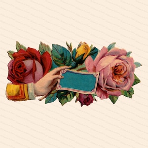 Victorian Cortado Mão Segurando Cartão Em Branco Com Rosas Shabby Chic Vector Clip Art | Placa de cartaz de flores florais antigas vintage SVG PNG JPG