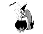 Digital Vintage 1920s Halloween Witch with Cauldron, Black Cat, Bat Vector Clipart |  Instant Download SVG PNG JPG