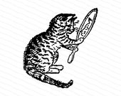 Victorian Cat with Mirror Clipart | Vintage Cat Looking into Mirror | Antique Cat Vector SVG PNG JPG Digital