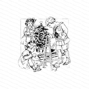 Digital Vintage Playing Children with Christmas Tree and Toys | 1910s Xmas Kids & Tree Clipart Instant Download SVG PNG JPG