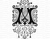 Ornamental Penwork Initial Letter M Vector Clipart  | Vintage Victorian Capital Letter M, Fancy Antique Monogram SVG PNG JPG
