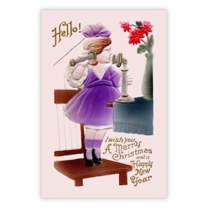 Tarjeta plana imprimible: Feliz Navidad Feliz Año Nuevo Época victoriana Reproducción Hola Teléfono antiguo 4x6 Listo para imprimir JPG Descargar Digital