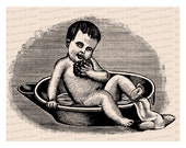 Victorian Toddler in Washtub | Vintage Baby in Bath Tub Vector Clipart Instant Download SVG PNG JPG