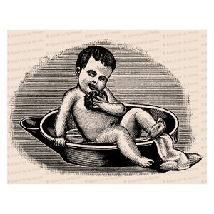 Victorian Toddler in Washtub | Vintage Baby in Bath Tub Vector Clipart Instant Download SVG PNG JPG