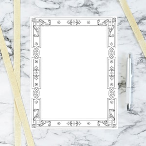 May include: A black and white printable border with a decorative ornate design. The border is perfect for adding a touch of elegance to any document.