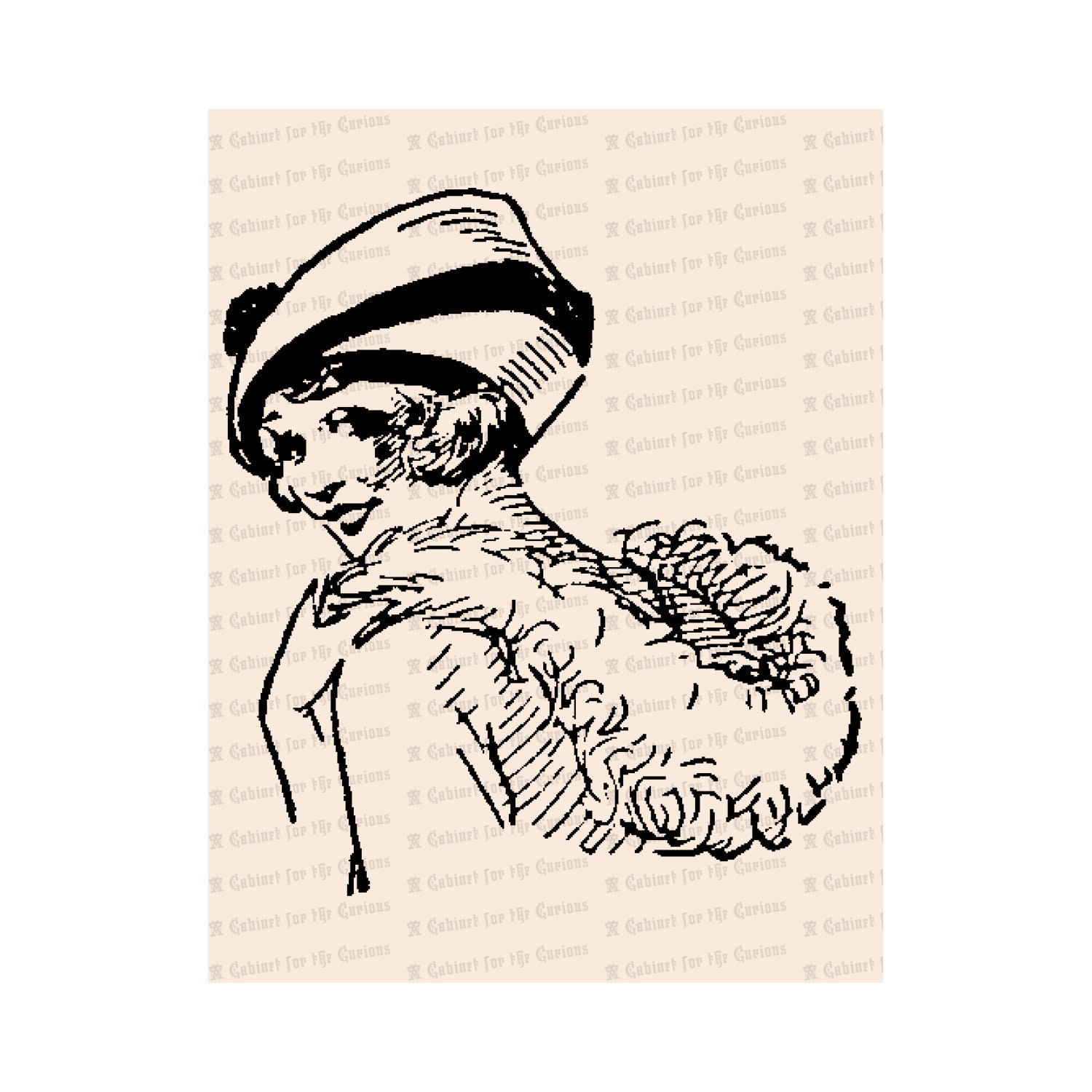 Flapper With Hat And Feather Boa Smiling Over Shoulder Vintage 1920s Woman Vector Clip Art Instant