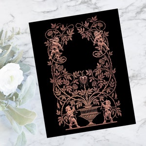 May include: A black background with a rose vine design in copper foil. The vine is adorned with four cherubs holding arrows and a heart in the center. The vine is in a vase at the bottom.