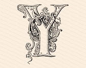 Ornamental Penwork Initial Letter Y Vector Clipart  | Vintage Edwardian Capital Letter Y, Fancy Antique Monogram SVG PNG JPG