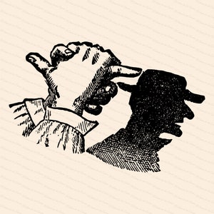 Vintage Viktorianische Schattenpuppe | 1890er Mann trägt Hut Schatten Vektor Clipart | Menschliche Kopf Hand Schatten Puppenspiel | Download SVG PNG JPG
