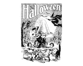 1920s Weird Halloween Scene Vector Clipart | Children Bats Owl Witch Black Cat Sweets Jack-o-Lantern Spooky Bizarre Download SVG PNG JPG