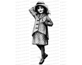 Vintage Young Girl Holding Hat on in a Breeze | Edwardian Child Vector Clipart Instant Download SVG PNG JPG