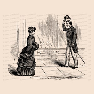 Victoriaanse gentleman tipping hat to Lady | Vintage antieke man en vrouw meeting | Groet Vector Clip Art SVG PNG JPG