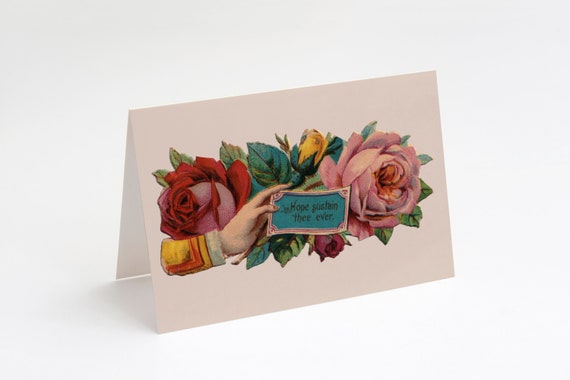 Printable Hope Sustain Thee Ever 5x7" A7 Greeting Card, Comfort, Sympathy Victorian Hand & Roses Vintage Flowers Floral download notecard