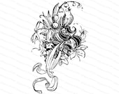 Ornamental Penwork Initial Letter S Vector Clipart  | Vintage Victorian Capital Letter S, Antique Floral Monogram with Bird  SVG PNG JPG