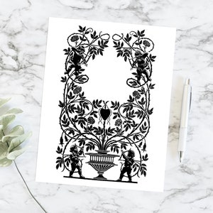 May include: Black and white illustration of a heart-shaped floral arrangement with four cherubs holding bows and arrows. The cherubs are positioned around the floral arrangement, which is in a vase with a decorative base.