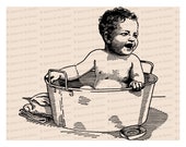 Victorian Baby in Washtub | Vintage Toddler in Bath Tub Vector Clipart Instant Download SVG PNG JPG