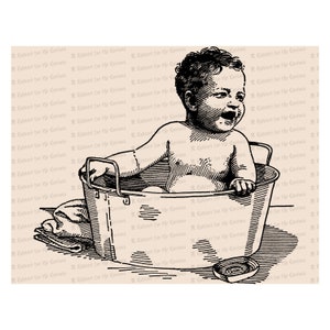 Victorian Baby in Washtub / Vintage Toddler in Bath Tub Vector Clipart Instant Download SVG PNG JPG