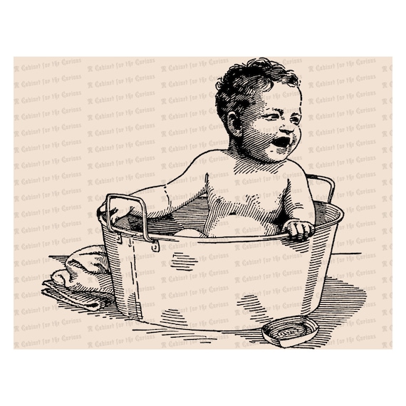 Victorian Baby In Washtub Vintage Toddler In Bath Tub Vector Etsy