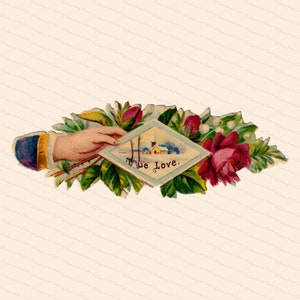 Puede incluir: Una tarjeta vintage de San Valentín con una mano sosteniendo una tarjeta de diamante azul y blanco con una escena de invierno y el texto "True Love." La tarjeta está rodeada de rosas rojas y hojas verdes.