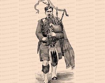 Digital Vintage Victorian Piper | Traditional Scottish Dress | Antique Bagpipes Clip Art SVG PNG JPG