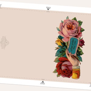 May include: A vintage greeting card with a pink and red rose bouquet and a hand holding a blue card with the text "Hope sustain thee ever!"