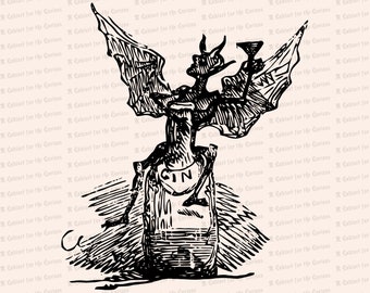 Georgian Era Bottle Imp Raising Glass Vintage Vector Clip Art | Antique Devil, Demon, Alcohol, Booze, Gin | Instant Download SVG PNG JPG