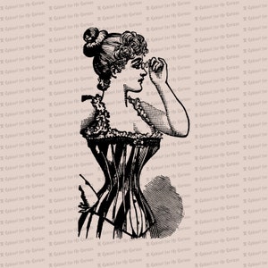 May include: A black and white illustration of a woman wearing a corset with a lace trim. She is looking to the right and adjusting her glasses with her right hand.