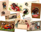 Vintage 9 Thanksgiving Postcard Set & Collage Sheet junk journal ephemera scrapbooking digital art instant download printable