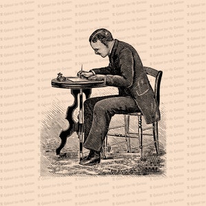 Digital Vintage Hombre victoriano sentado escribiendo carta en el escritorio / Vector Clipart Descarga instantánea SVG PNG JPG