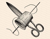 Vintage Victorian Sewing Tools | 1880s Antique Needlework Implements  Vector Clipart | Needle Thread Scissors Thimble | Download SVG PNG JPG