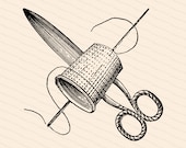 Vintage Victorian Sewing Tools | 1880s Antique Needlework Implements  Vector Clipart | Needle Thread Scissors Thimble | Download SVG PNG JPG