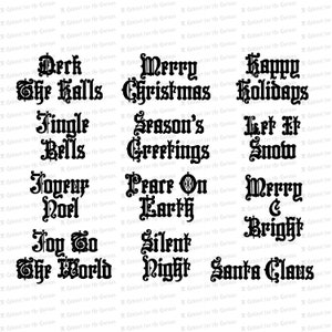 Wiktoriańskie średniowieczne pióro Boże Narodzenie słowa i frazy | Vintage Holiday Kaligrafia Napisy Typografia Wektor Clipart Pobierz SVG PNG JPG