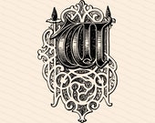 Ornamental Penwork Initial Letter W Vector Clipart  | Vintage Victorian Capital Letter W, Fancy Antique Monogram SVG PNG JPG