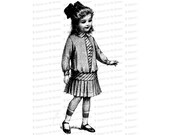 Vintage Little Girl in Dropped-Waist Dress with Pleated Skirt and Hair Bow | Edwardian Child Vector Clipart Instant Download SVG PNG JPG