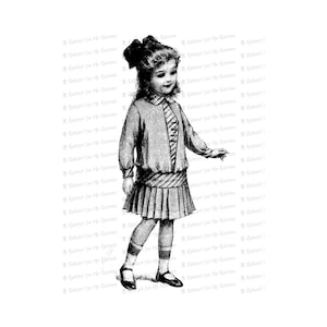 Bambina vintage in abito a vita caduta con gonna plissettata e fiocco per capelli / bambino edoardiano vettoriale Clipart Download istantaneo SVG PNG JPG