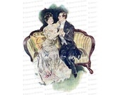 Vintage Embracing Edwardian Couple Color Clipart | Antique Romantic Seated Man and Woman Instant Download PNG JPG