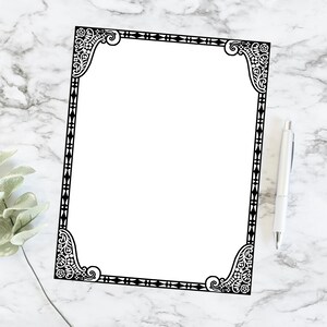 May include: Black and white printable border with a decorative floral design. The border is perfect for adding a touch of elegance to any document.