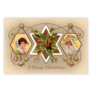 Carte plate imprimable Père Noël: Époque victorienne Père Noël à l’ancienne Petite fille Joyeux Noël 4x6 Print Ready JPG Télécharger Numérique