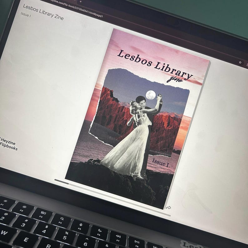 May include: A digital image of a zine cover titled "Lesbos Library Zine, Issue 1." The cover features a vintage-style collage of a couple dancing under a full moon, with a backdrop of red mountains and a pink sky.