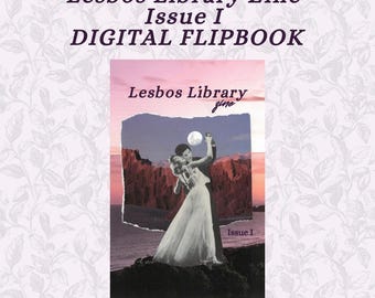 Könnte beinhalten: Digitales Flipbook-Cover für Lesbos Library Zine, Ausgabe I. Das Cover zeigt eine Collage mit einem Paar, das unter einem Vollmond tanzt. Der Hintergrund hat einen rosa-violetten Himmel mit einer Bergkette.