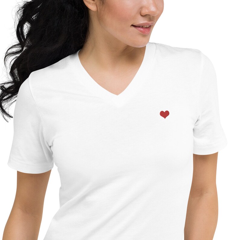 Tiny Red Heart Embroidered on left chest of White V-Neck T-Shirt