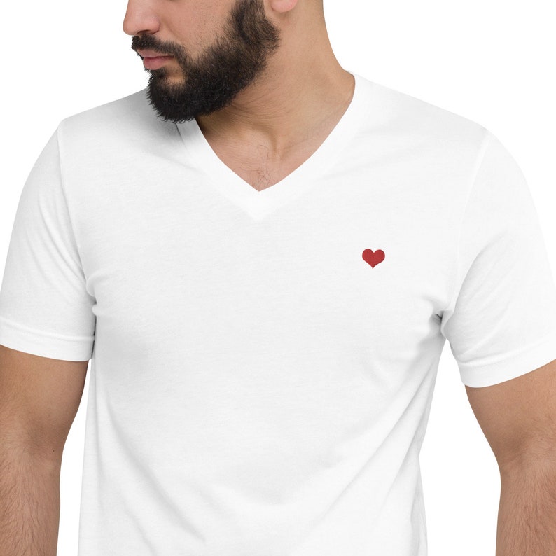 Tiny Red Heart Embroidered on left chest of White V-Neck T-Shirt