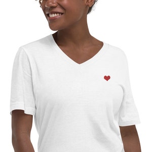 Tiny Red Heart Embroidered on left chest of White V-Neck T-Shirt