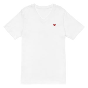 Tiny Red Heart Embroidered on left chest of White V-Neck T-Shirt