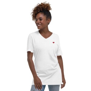 Tiny Red Heart Embroidered on left chest of White V-Neck T-Shirt