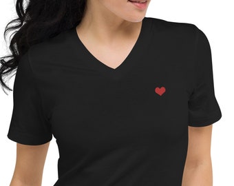 Embroidered Heart V-Neck T-Shirt